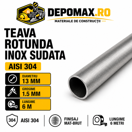 Teava rotunda inox sudata AISI 304, 13 x 1.5 mm, 6 metri